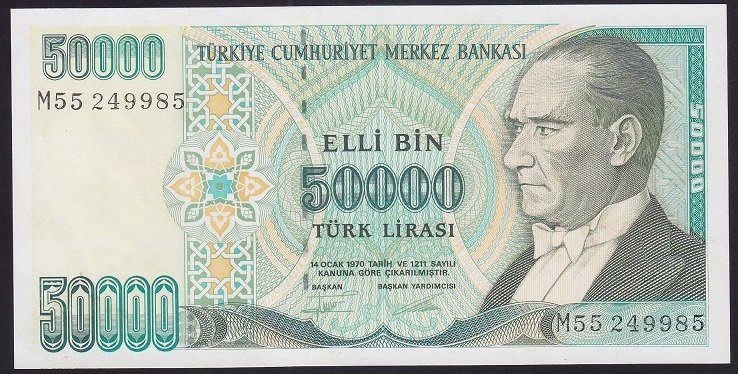 7.EMİSYON 2.TERTİP 50000 LİRA M55 249985 ÇİLALTI ÇİL