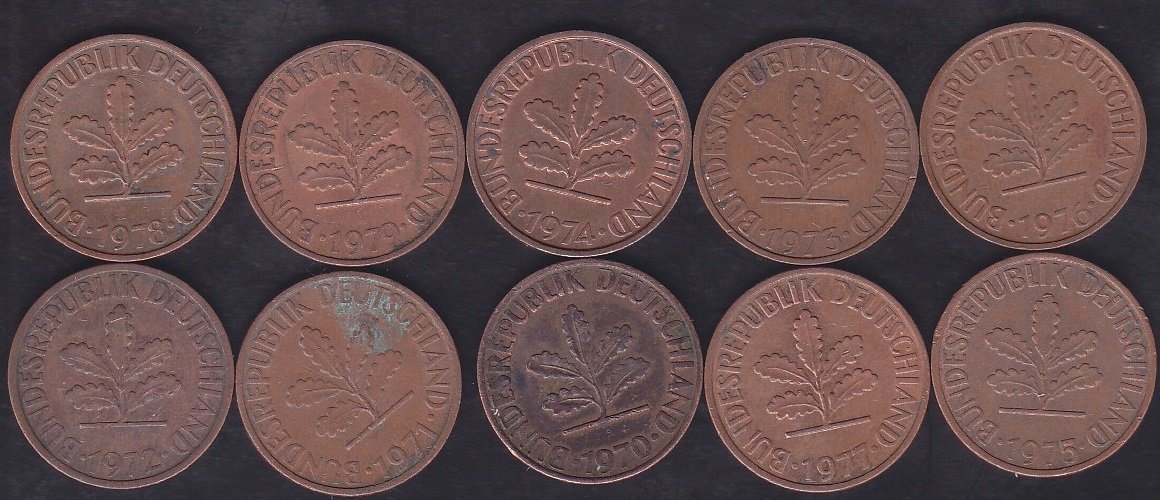 ALMANYA 2 PFENNIG MADENİ PARA LOT 1970 - 1979  (10 ADET) eski paralar nereye satılır