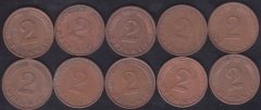 ALMANYA 2 PFENNIG MADENİ PARA LOT 1970 - 1979  (10 ADET) eski paralar nereye satılır