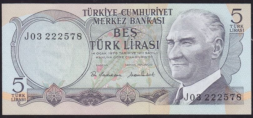 6.Emisyon 2.Tertip 5 Lira J03 222578 Çil