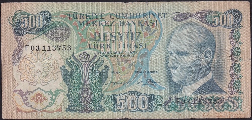6.EMİSYON 2.TERTİP 500 LİRA F03 113753 TEMİZ eski para mezat