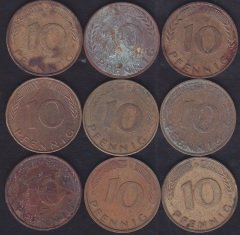 ALMANYA 10 PFENNIG 1970 Lİ YILLAR LOT (9 ADET)
