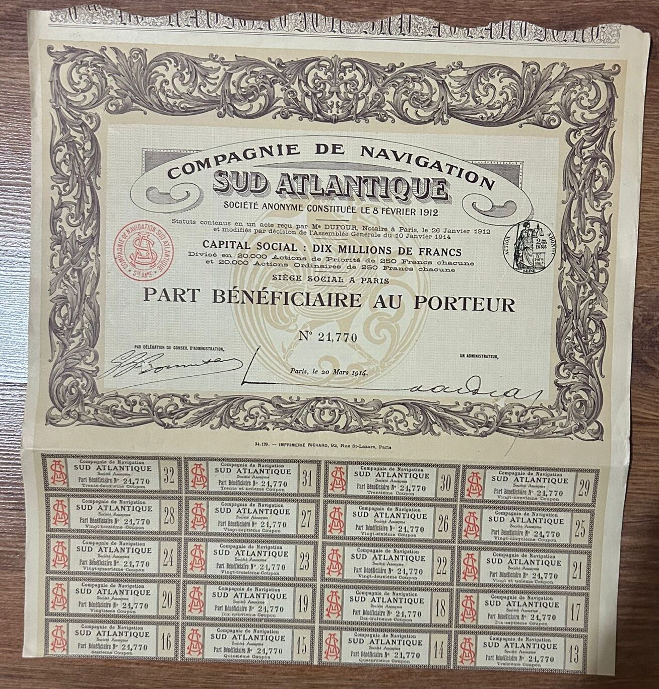 Hisse Senedi - SUD ATLANTİQUE 1914 ( 35 X 33 cm )