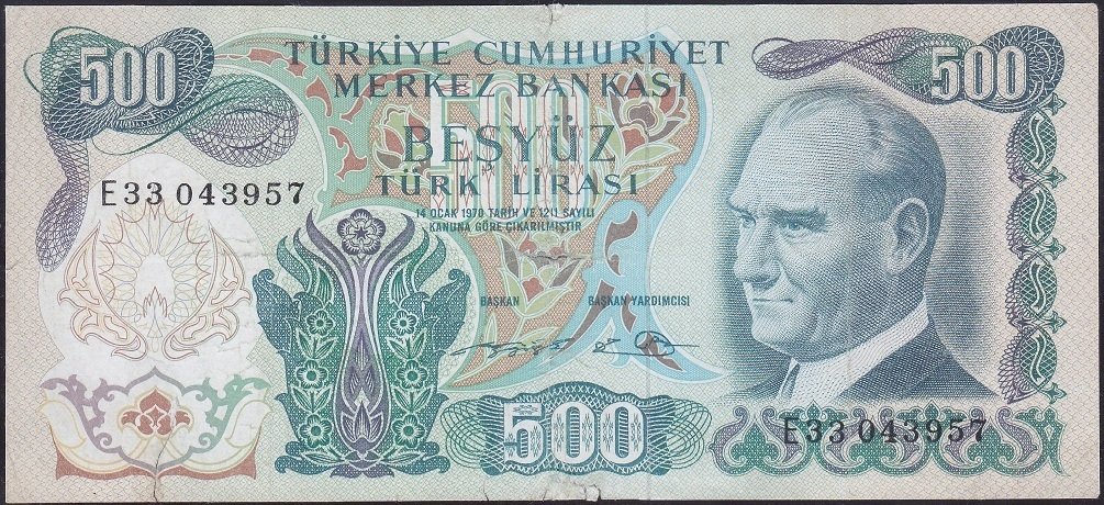 6.EMİSYON 2.TERTİP 500 LİRA E33 043957 HALİYLE