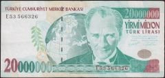 7.Emisyon 20 000 000 Lira E53 566326 Çok Temiz+