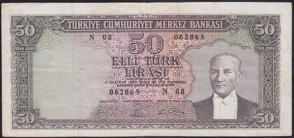 5.EMİSYON 6.TERTİP 50 LİRA N08 062863 ÇOK TEMİZ