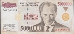 7.Emisyon 5 000 000 Lira E67 662637 Çok Temiz+