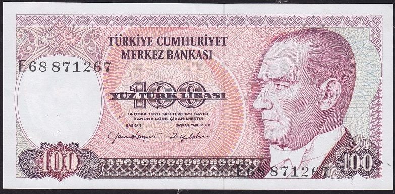 7.Emisyon 2.Tertip 100 Lira E68 871267 Çok Çok Temiz+