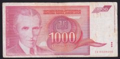 YUGOSLAVYA 1000 DİNAR 1992 ZA SERİSİ -- ÇOK TEMİZ
