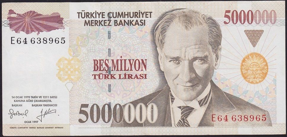 7.Emisyon 5 000 000 Lira E64 638965 Çok Temiz+