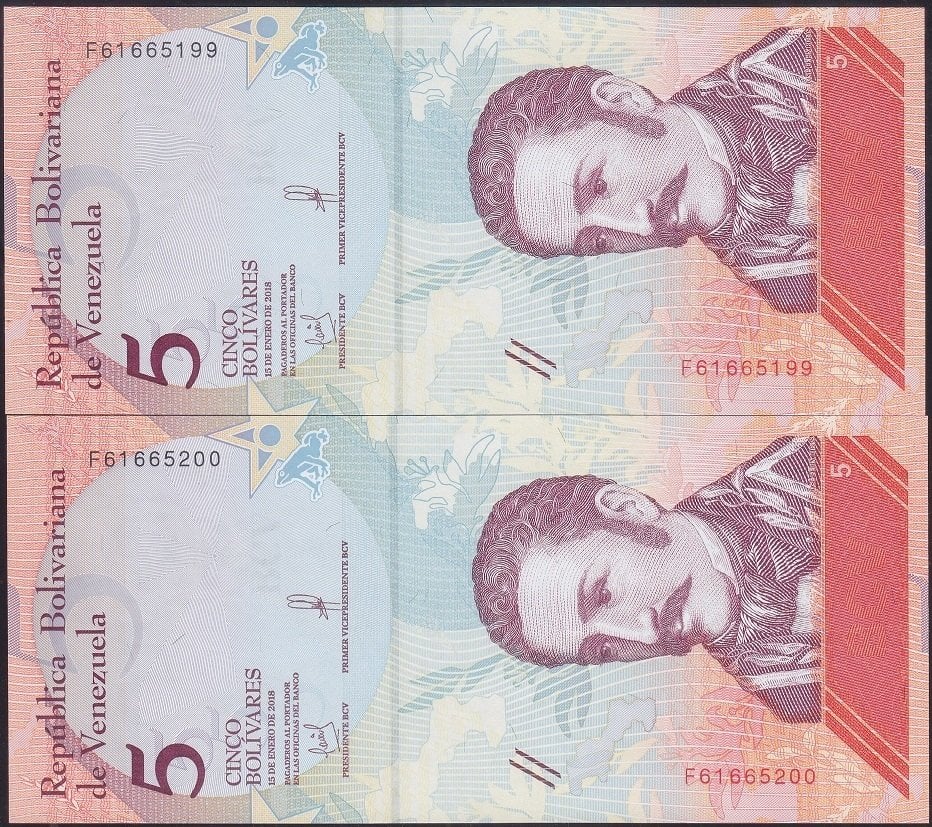 Venezuela 5 Bolivares 2018 Seri Takipli Çil 199 - 200
