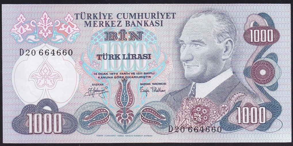 6.Emisyon 2.Tertip 1000 Lira D20 664660 Ççt Çilaltı