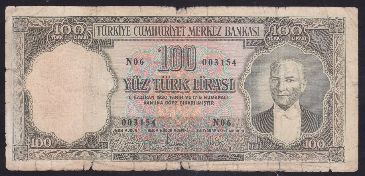5.EMİSYON 3.TERTİP 100 LİRA N06 003154 TEMİZ