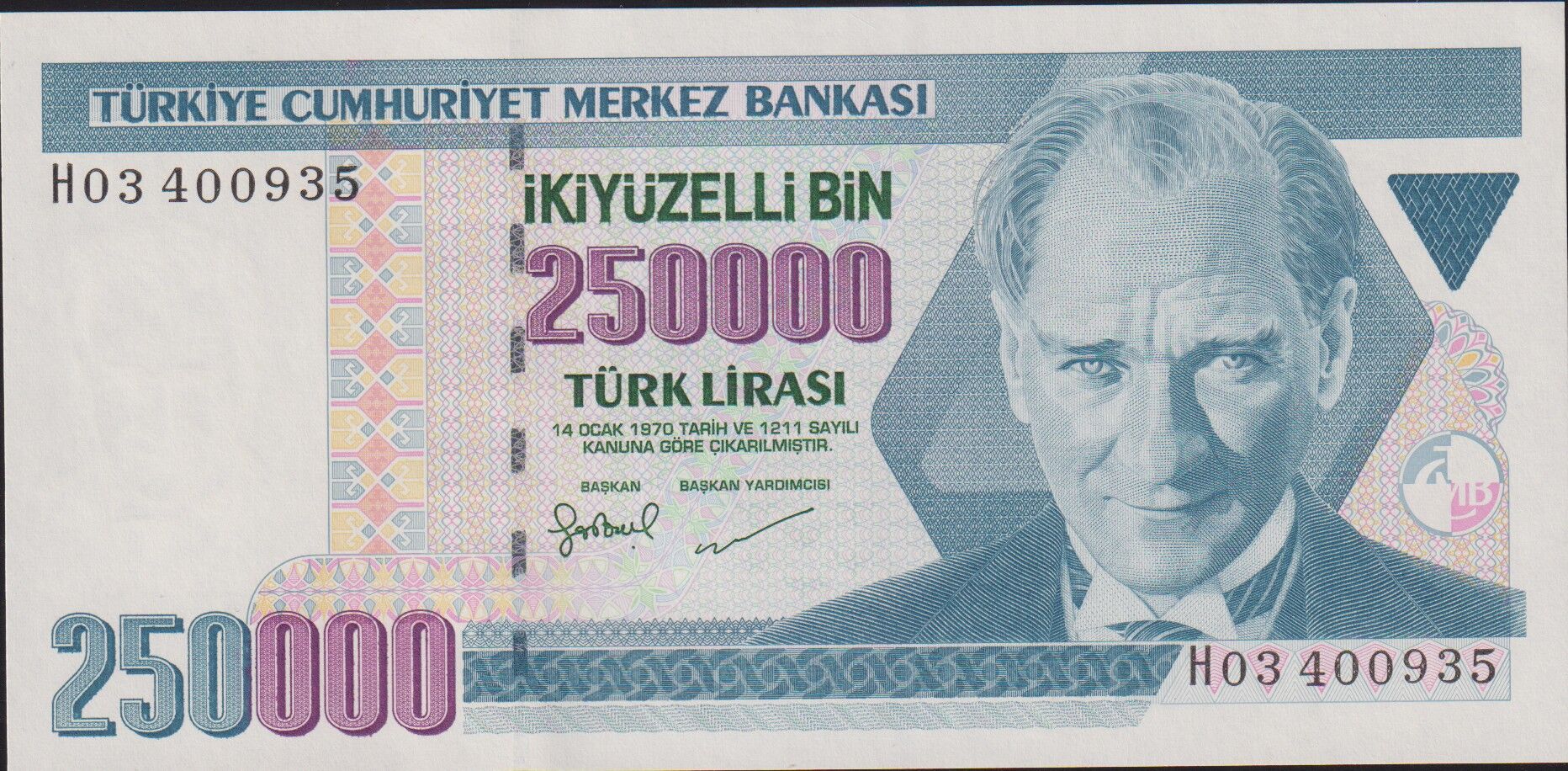 7.Emisyon 3.Tertip 250000 Lira H03 400935 Çil