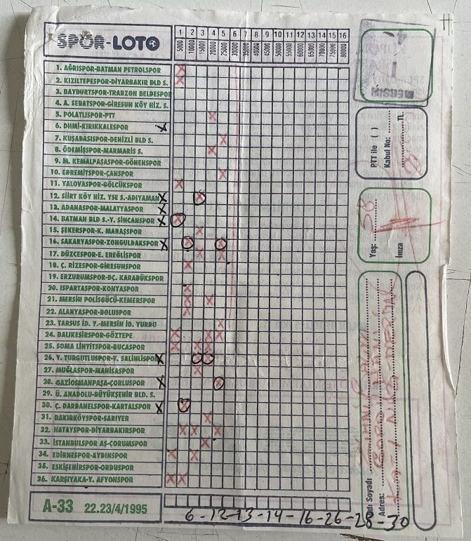 Spor Loto Kupon Kağıdı 1995
