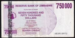 Zimbabwe 750000 Dolar 2007 Çok Temiz+