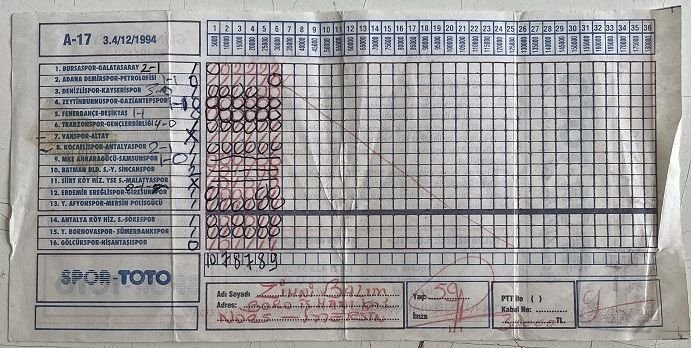 Spor Toto Kupon Kağıdı 1994