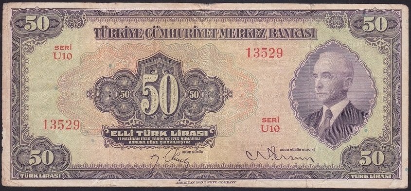 3.EMİSYON 50 LİRA U10 13529 ÇOK TEMİZ