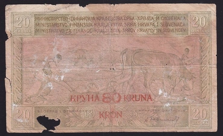 YUGOSLAVYA 20 DİNAR 80 KRON SÜRSAJLI 1919 HALİYLE