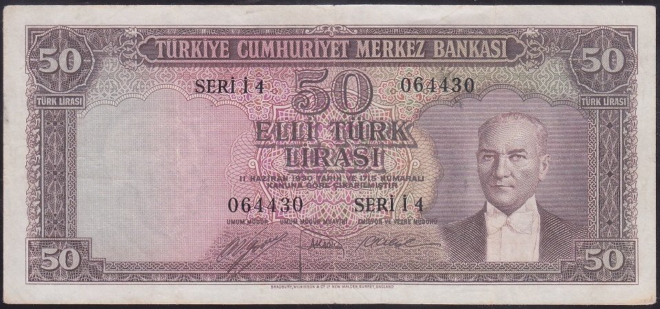 5.EMİSYON 2.TERTİP 50 LİRA İ4 064430 ÇOK TEMİZ
