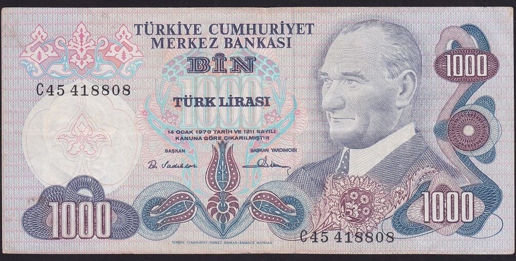 6.Emisyon 1.Tertip 1000 Lira C45 418808 Çok Temiz