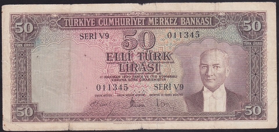 5.EMİSYON 4.TERTİP 50 LİRA V9 011345 TEMİZ