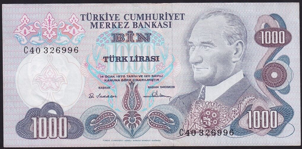 6.Emisyon 1.Tertip 1000 Lira C40 326996 Çok Temiz+