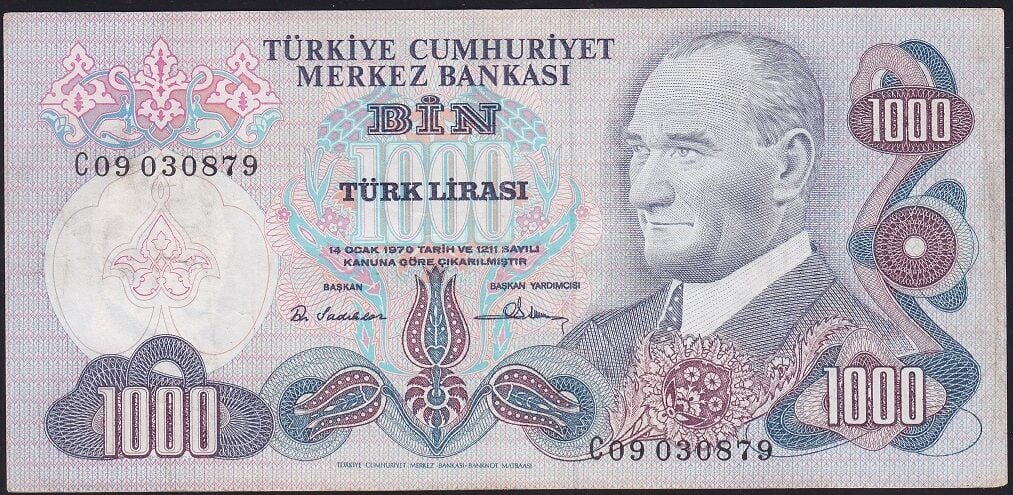 6.Emisyon 1.Tertip 1000 Lira C09 030879 Çok Temiz+