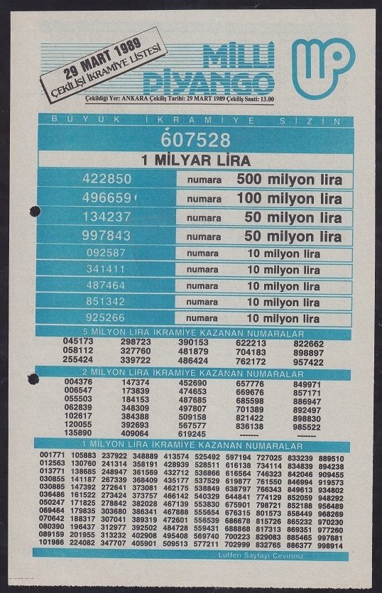 1989 29 MART PİYANGO LİSTESİ