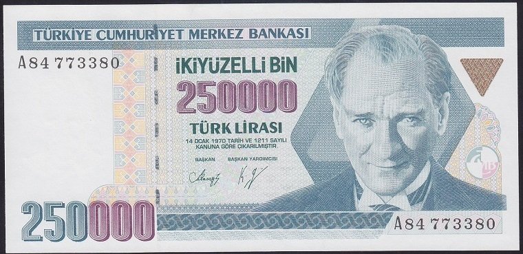 7.EMİSYON 1.TERTİP 250000 LİRA A84 773380 ÇİL eski kağıt para fiyatları