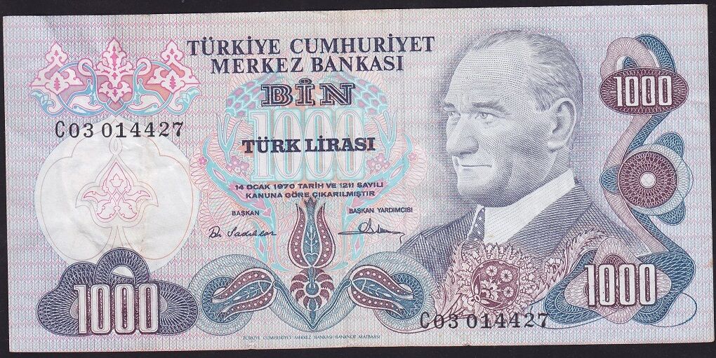 6.Emisyon 1.Tertip 1000 Lira C03 014427 Çok Temiz+