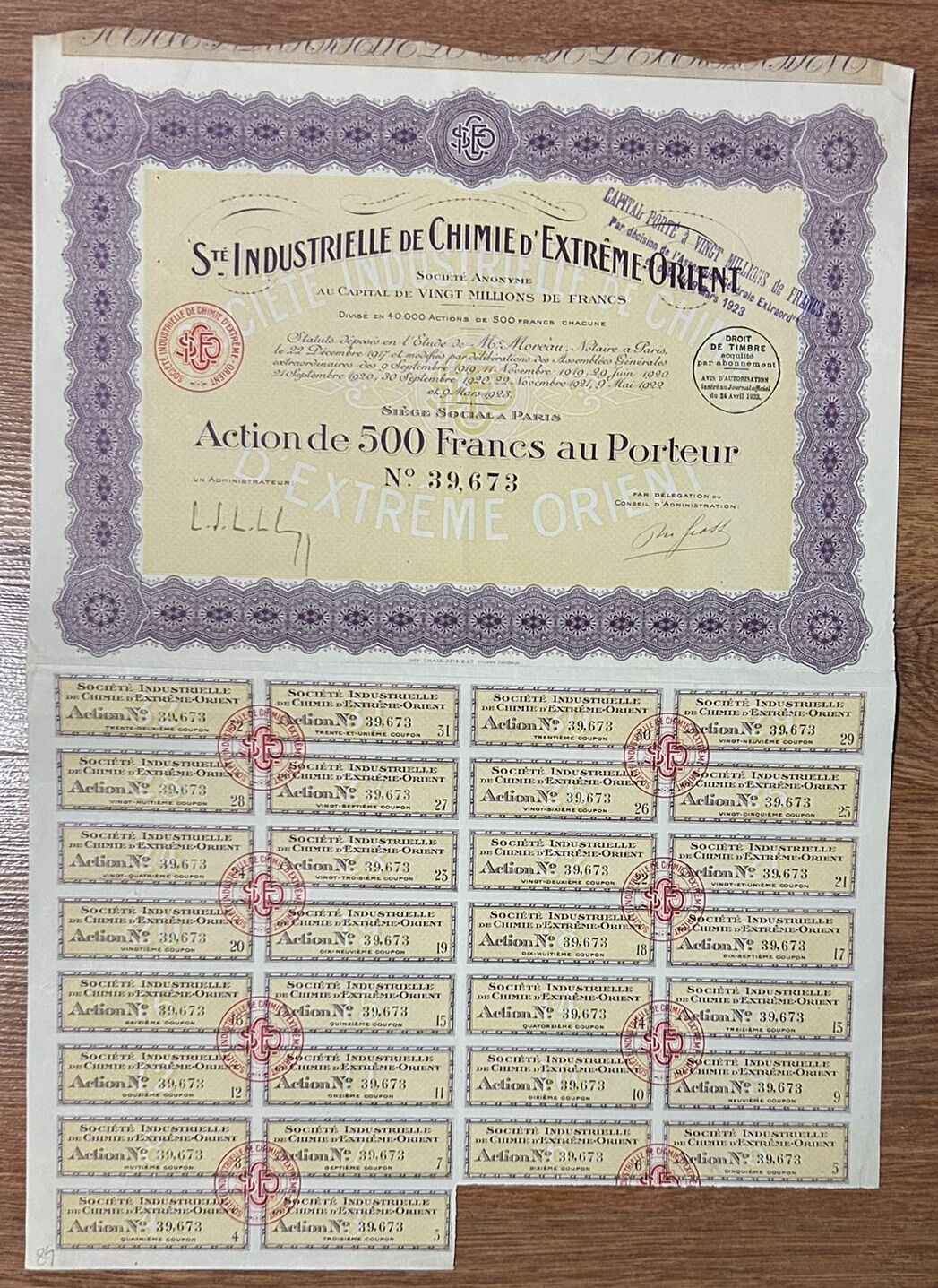 Hisse Senedi - Extreme Orient 1923 ( 42,5 X 30 cm )