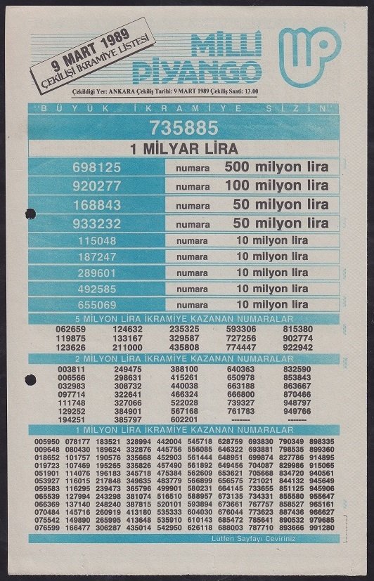 1989 9 MART PİYANGO LİSTESİ