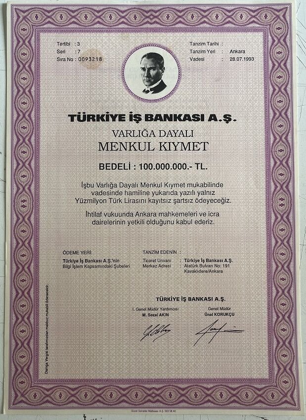 İş Bankası Hisse Senedi 100.000.000 Lira