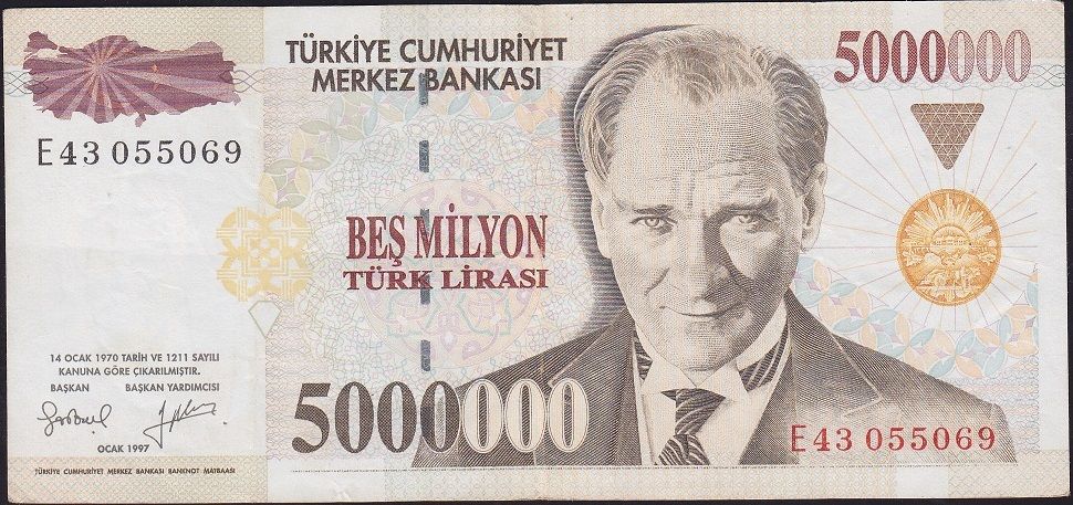 7.Emisyon 5 000 000 Lira E43 055069 Çok Temiz+