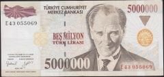 7.Emisyon 5 000 000 Lira E43 055069 Çok Temiz+
