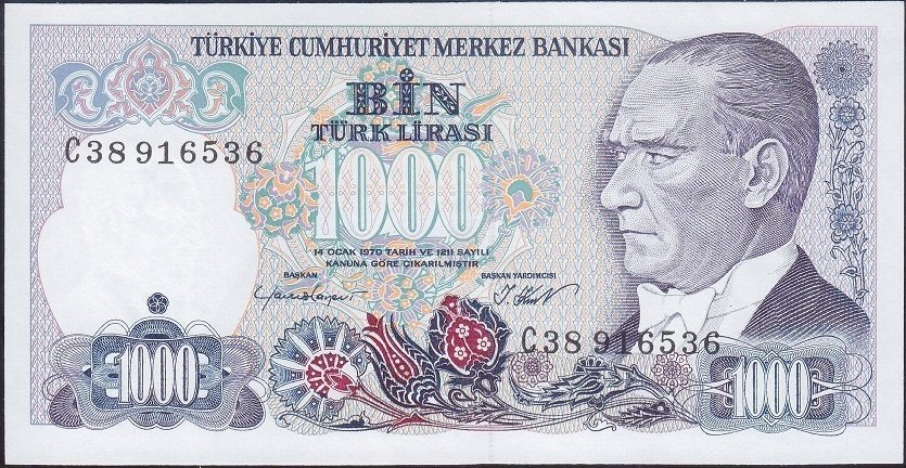 7.Emisyon 1.Tertip 1000 Lira C38 916536 Çilaltı
