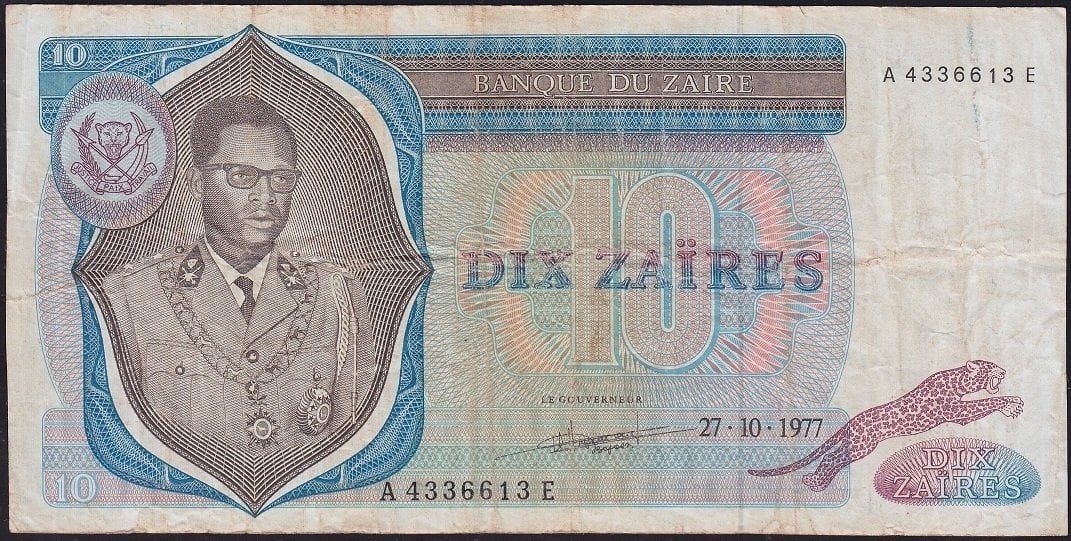 Zaire 10 Zaires 1977 Çok Temiz Pick 23b