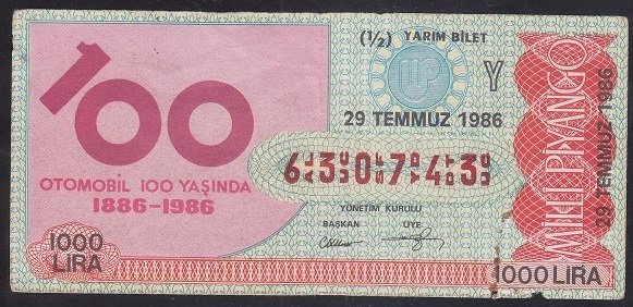 1986 29 TEMMUZ YARIM  BİLET Y SERİSİ