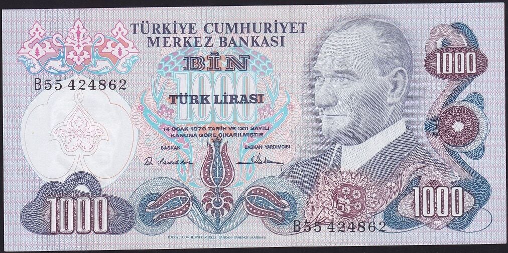 6.Emisyon 1.Tertip 1000 Lira B55 424862 Çilaltı Çil ( Çok Hafif Bombe var )