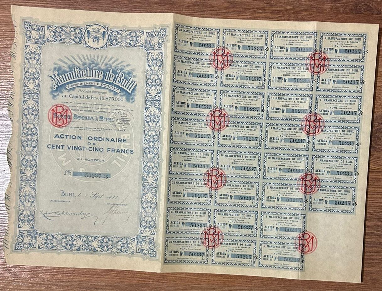 Hisse Senedi - Manufacture De Buhl 1932 ( 45 X 32 cm )