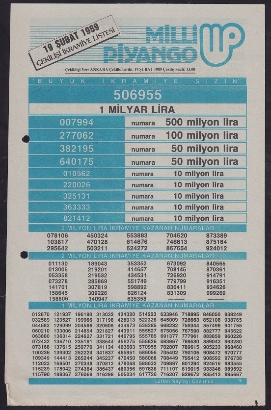 1989 19 ŞUBAT PİYANGO LİSTESİ