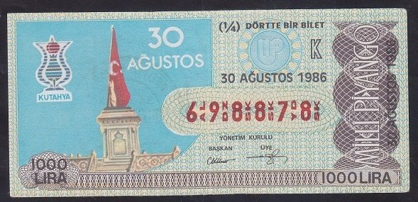 1986 30 AĞUSTOS ÇEYREK  BİLET K SERİSİ