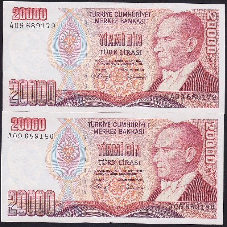 7.EMİSYON 1.TERTİP 20000 LİRA A09 689179 - 180 SERİ TAKİPLİ 2 ADET ÇÇT +