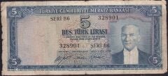 5.Emisyon 1.Tertip 5 Lira B6 328901 Temiz