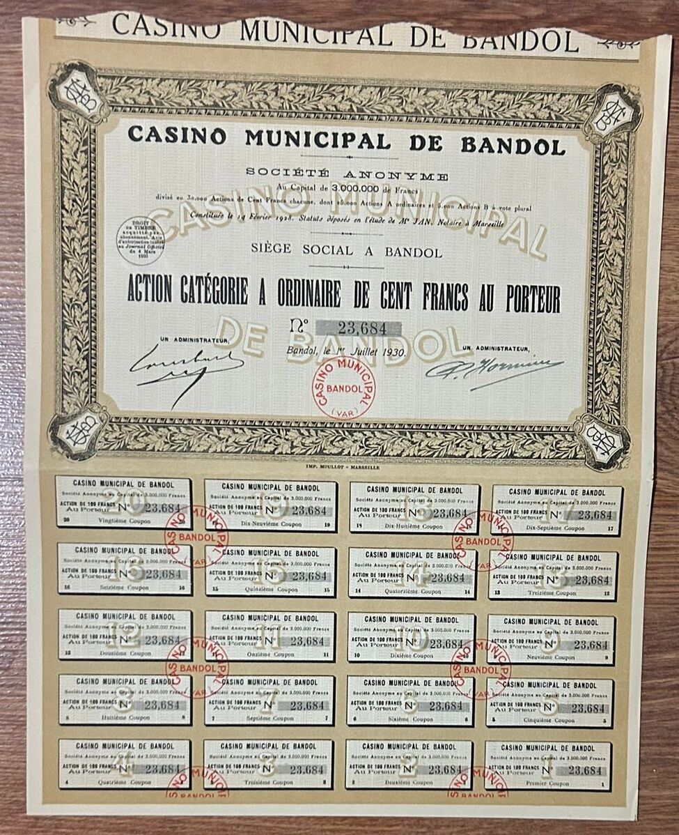 Hisse Senedi - Casino Municipal de Bandol 1930  ( 33 X 26 cm )