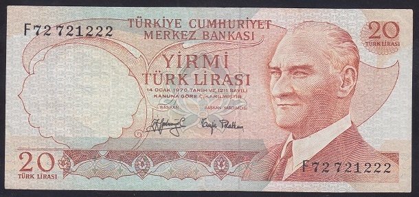 6.EMİSYON 3.TERTİP 20 LİRA F72 721222 ÇOK TEMİZ +