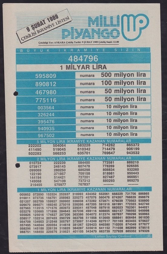 1989 9 ŞUBAT PİYANGO LİSTESİ
