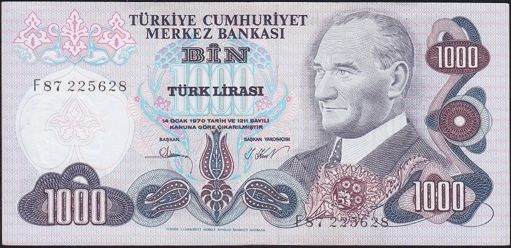 6.Emisyon 3.Tertip 1000 Lira F87 225628 Ççt Çilaltı