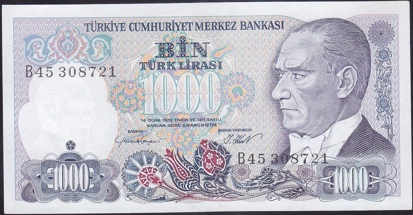 7.Emisyon 1.Tertip 1000 Lira B45 308721 Çilaltı Çil